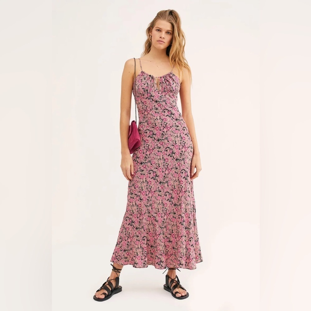 Free People Bon Voyage Pink and Black Floral Maxi Dress sz XS